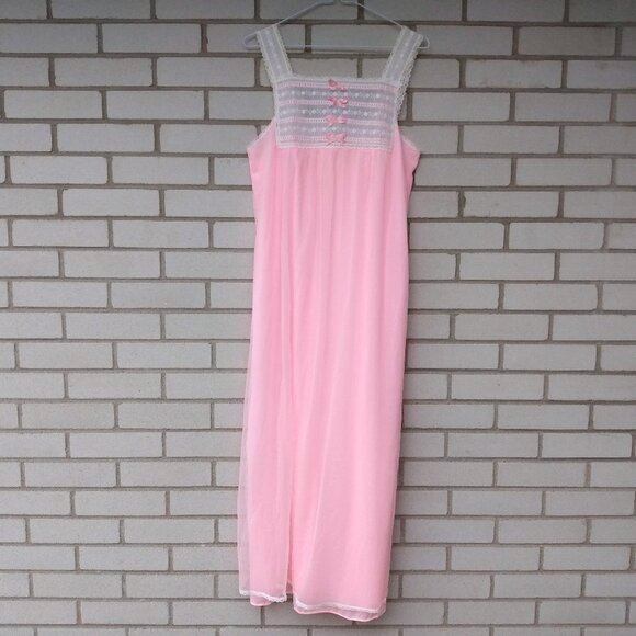 Vintage Pink Nylon Chiffon Nightgown Long Nightie 36"B Small Slumber Suzy Sheer - Picture 1 of 9
